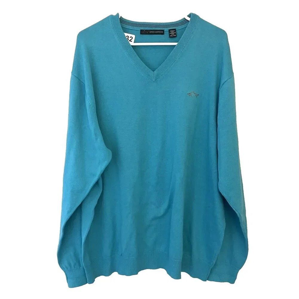 Greg Norman Teal Blue Knit Sweater Men’s XXL V Neck Golf Colorful 100% Cotton